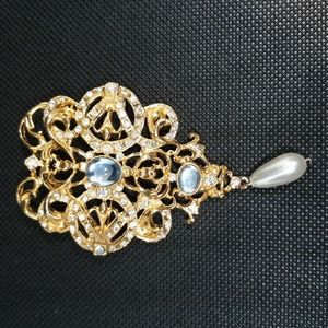 Gold & Blue Brooch with Hanging Faux Pearl